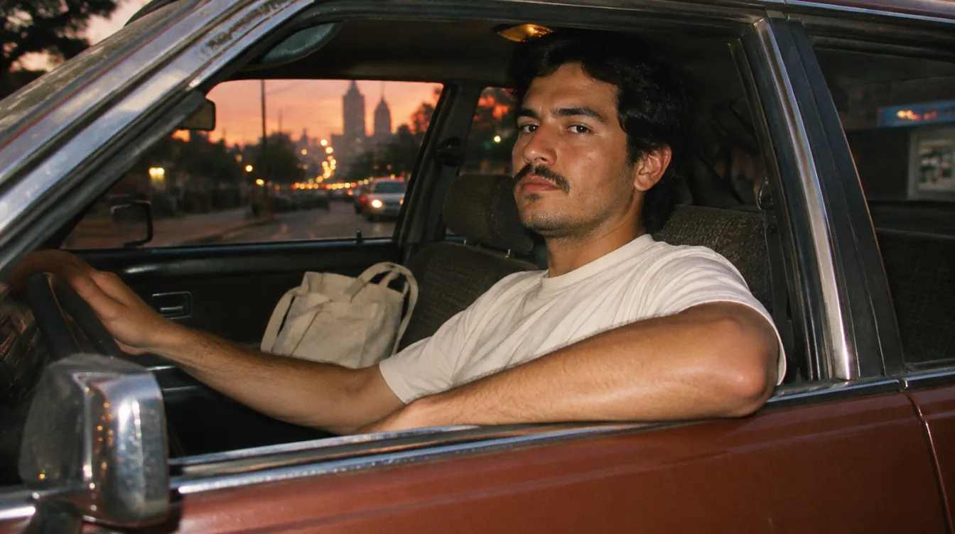 Hombre con playera blanca al volante de un auto clásico al atardecer en la Ciudad de México