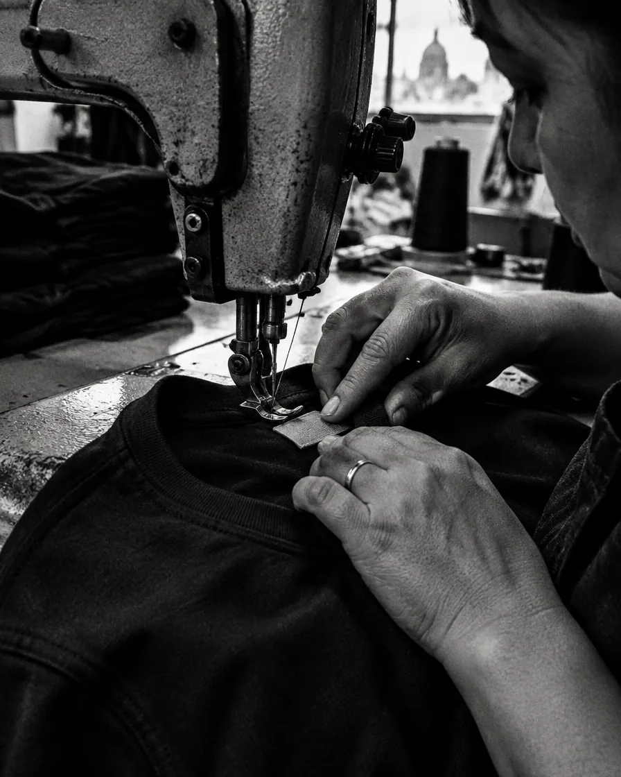 Manos cosiendo la etiqueta en el cuello de una playera